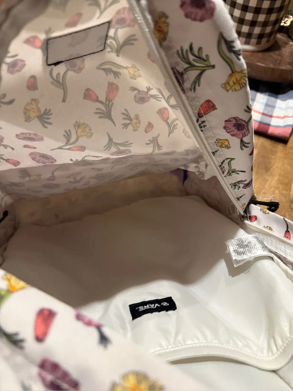 Vans Old Skool White Floral Canvas Backpack with Pink & Yellow Blossoms
